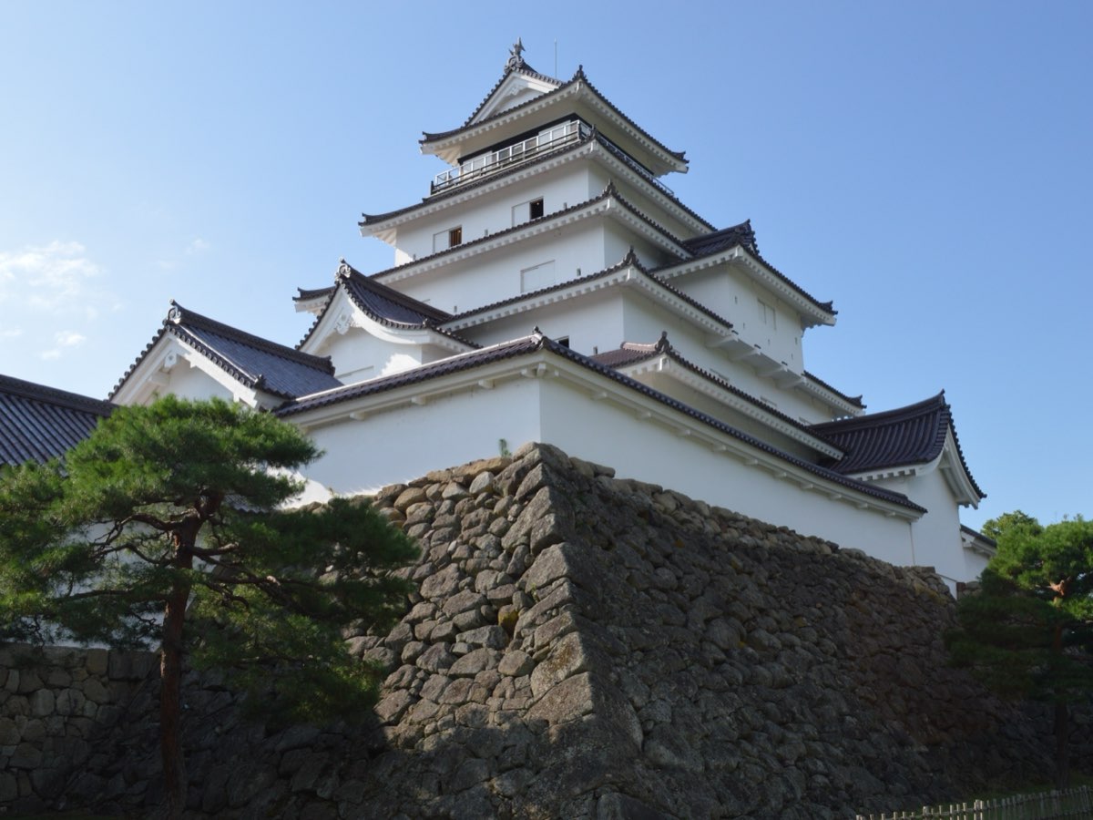 The white multi-tiered keep of Tsurugajo in Aizuwakamatsu rising above a high wall of rough stones, with pine trees in front, under a clear summer sky