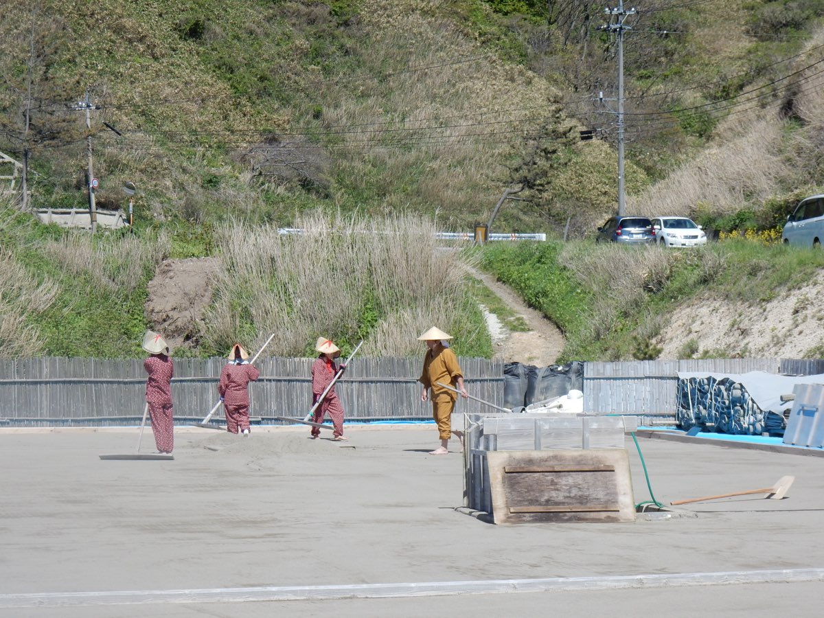 A flat grey sand salt field beside a low bamboo fence, where four workers in conical straw hats and work clothes rake the sand with long-handled tools, with a wooden box on the field, a grassy slope and parked cars on a road behind